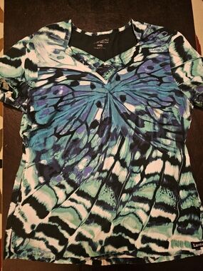 Landau Women's Teal, Black & White Abstract Short Sleeve Scrub Top